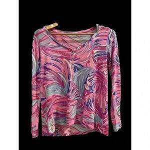 Lilly Pulitzer Pima Cotton Top Blouse Pink Gold Guava Long Sleeve Button T Shirt